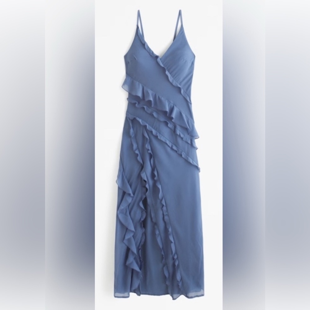 Abercrombie & Fitch Cascading Ruffle Dress with Side Slit Blue LP